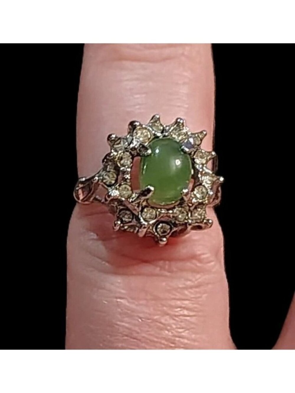 Vtg Uncas Jade? Green Clear Rhinestone Cluster Halo Cocktail Ring Sz 6 Statement